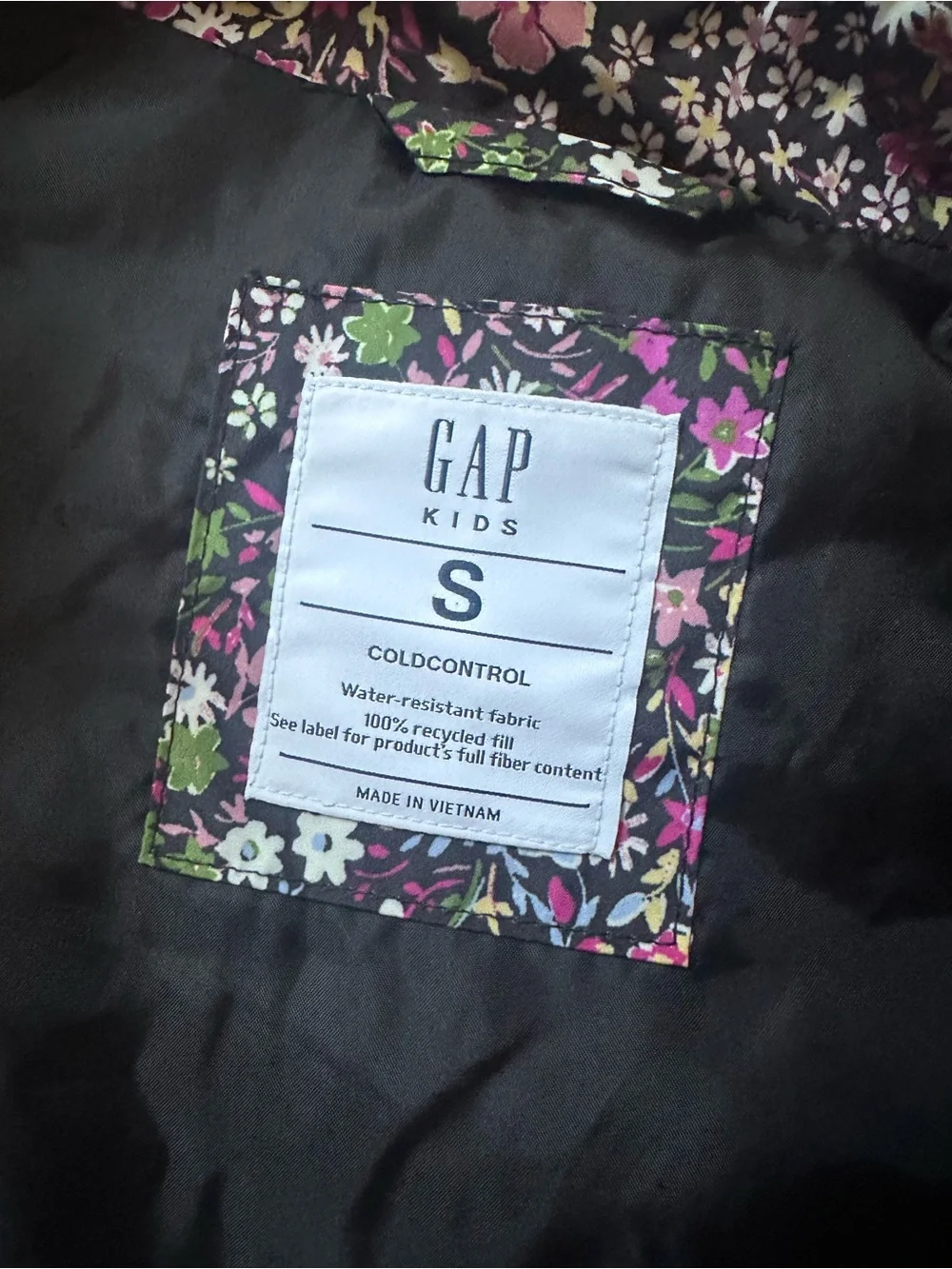 GAP Girls' Black Floral Quilted Vest with Pink & Cream Flowers back to school